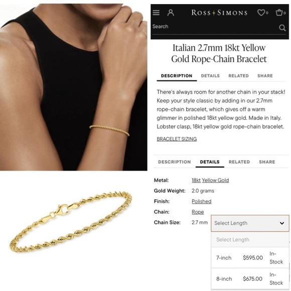 Ross Simons Italian 2.7mm 18kt Yellow Gold Rope Chain Bracelet 7.5" 2g 750 AR ⭐️ - Picture 2 of 9